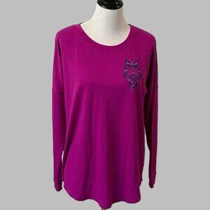 New Directions Weekend Top Medium M Purple Owl Paisley Long Dolman Sleeve Shirt